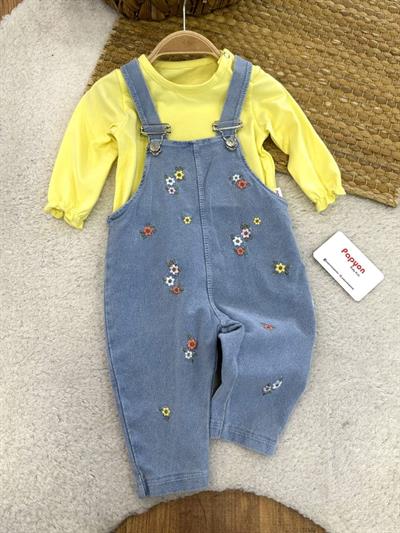Düz Badili Çiçek Nakışlı Kot Salopetli Kız Bebek 2li Takım (6-9/9-12/12-18/18-24 Ay)
