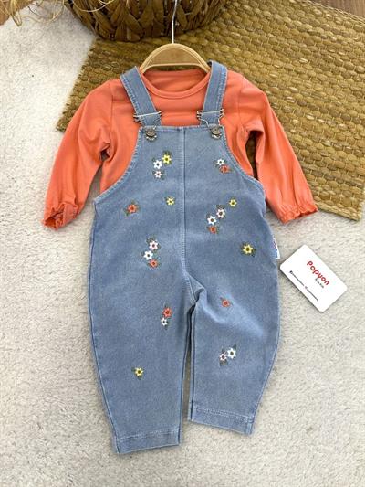 Düz Badili Çiçek Nakışlı Kot Salopetli Kız Bebek 2li Takım (6-9/9-12/12-18/18-24 Ay)