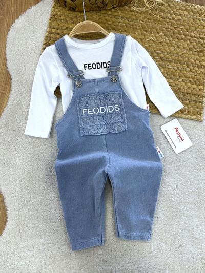 Feodids Baskılı Badili Nakışlı Kot Salopetli Kız Bebek 2li Takım (6-9/9-12/12-18/18-24 Ay)