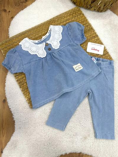 Güpür Yakalı Kız Bebek Taytlı Kot Takım (6-9/9-12/12-18/18-24 Ay)