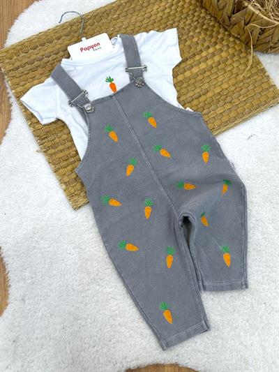 Havuç Baskılı Tişörtlü Erkek Bebek Kot Salopet Takım (6-9/9-12/12-18/18-24 Ay)