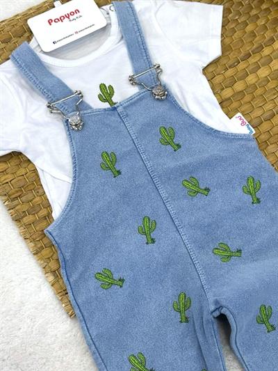 Kaktüs Baskılı Tişörtlü Erkek Bebek Kot Salopet Takım (6-9/9-12/12-18/18-24 Ay)