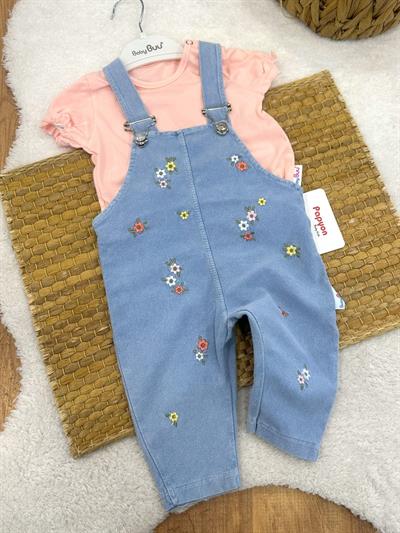 Lastik Kol Düz Badi Çiçek Nakışlı Kot Salopet Kız Bebek Takım (6-9/9-12/12-18/18-24 Ay)