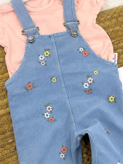 Lastik Kol Düz Badi Çiçek Nakışlı Kot Salopet Kız Bebek Takım (6-9/9-12/12-18/18-24 Ay)