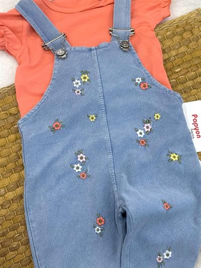 Lastik Kol Düz Badi Çiçek Nakışlı Kot Salopet Kız Bebek Takım (6-9/9-12/12-18/18-24 Ay)