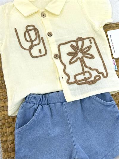 Palmiye Nakışlı Müslin Gömlekli Kot Şortlu Erkek Bebek Takım (6-9/9-12/12-18/18-24 Ay)