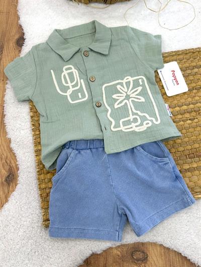 Palmiye Nakışlı Müslin Gömlekli Kot Şortlu Erkek Bebek Takım (6-9/9-12/12-18/18-24 Ay)