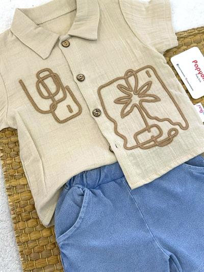 Palmiye Nakışlı Müslin Gömlekli Kot Şortlu Erkek Bebek Takım (6-9/9-12/12-18/18-24 Ay)