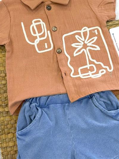 Palmiye Nakışlı Müslin Gömlekli Kot Şortlu Erkek Bebek Takım (6-9/9-12/12-18/18-24 Ay)