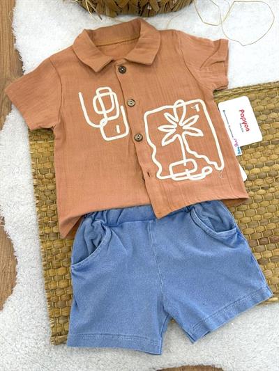 Palmiye Nakışlı Müslin Gömlekli Kot Şortlu Erkek Bebek Takım (6-9/9-12/12-18/18-24 Ay)