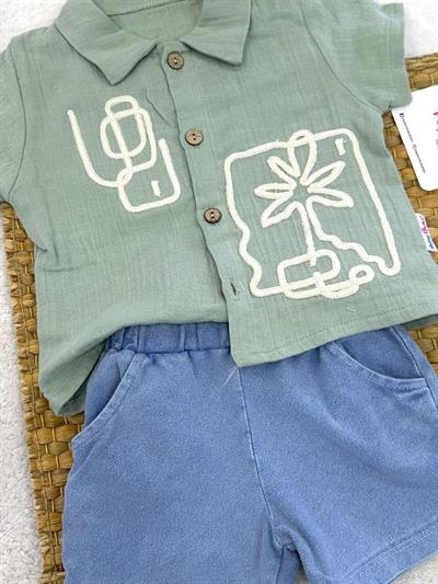 Palmiye Nakışlı Müslin Gömlekli Kot Şortlu Erkek Bebek Takım (6-9/9-12/12-18/18-24 Ay)
