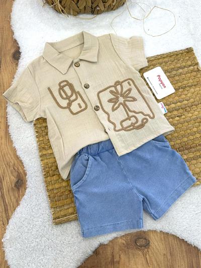 Palmiye Nakışlı Müslin Gömlekli Kot Şortlu Erkek Bebek Takım (6-9/9-12/12-18/18-24 Ay)