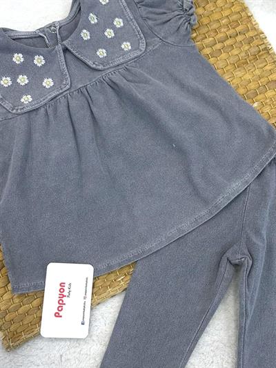 Papatya Nakışlı Yakalı Bluz Kız Bebek Taytlı Kot Takım (6-9/9-12/12-18/18-24 Ay)