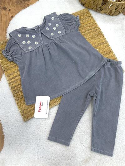 Papatya Nakışlı Yakalı Bluz Kız Bebek Taytlı Kot Takım (6-9/9-12/12-18/18-24 Ay)