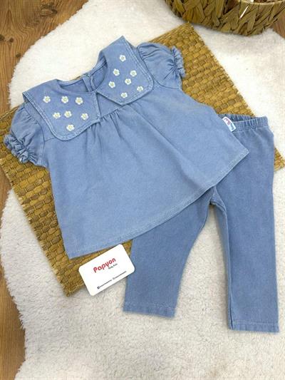 Papatya Nakışlı Yakalı Bluz Kız Bebek Taytlı Kot Takım (6-9/9-12/12-18/18-24 Ay)