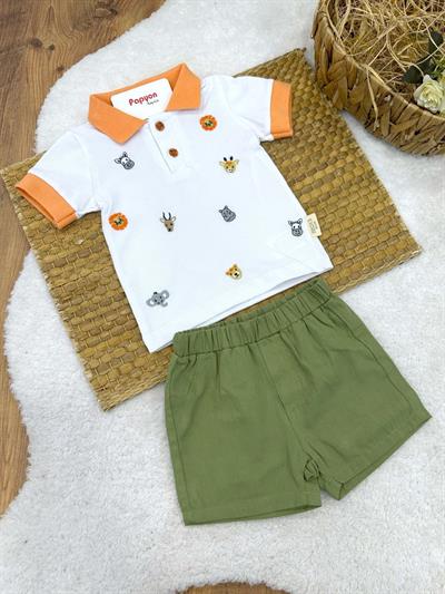 Sevimli Hayvanlar Nakışlı Polo Yaka Tişört Şort Erkek Bebek Takım (6-9/9-12/12-18/18-24 Ay)