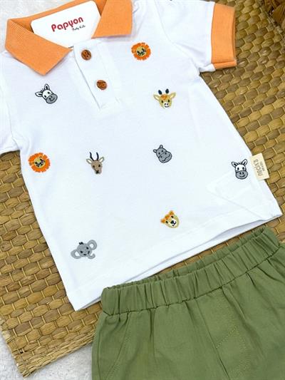Sevimli Hayvanlar Nakışlı Polo Yaka Tişört Şort Erkek Bebek Takım (6-9/9-12/12-18/18-24 Ay)