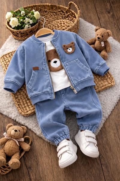 Süzene Ayıcık Nakışlı Ceketli Erkek Bebek 3lü Takım (6-9/9-12/12-18/18-24 Ay)