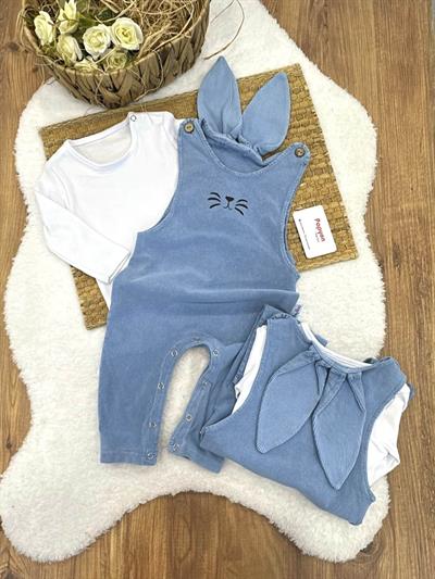 Tavşan Kulaklı Badili Bebek Kot Salopet Takım (6-9/9-12/12-18/18-24 Ay) (Video Açıklamada)