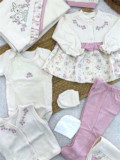 Tavşan Çiçek Nakışlı Fırfırlı Yenidoğan Kız Bebek 10lu Zıbın Set Hastane Çıkışı