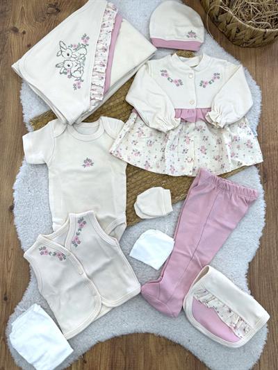 Tavşan Çiçek Nakışlı Fırfırlı Yenidoğan Kız Bebek 10lu Zıbın Set Hastane Çıkışı