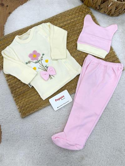 Süzene Çiçek Nakışlı Yenidoğan Kız Bebek 3lü Zıbın Set 0-3 Ay