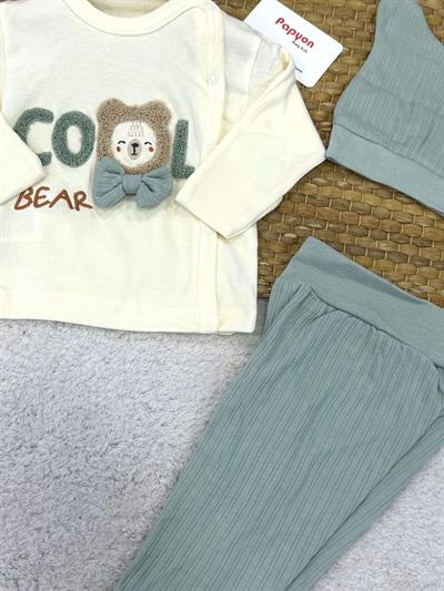 Süzene Cool Bear Nakışlı Kendinden Eldivenli Yenidoğan Erkek Bebek 3lü Zıbın Takımı 0-3 Ay