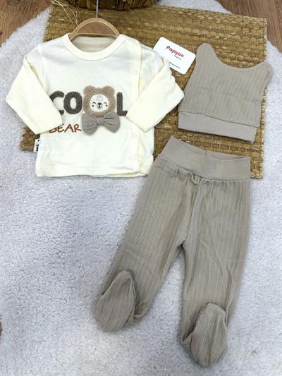 Süzene Cool Bear Nakışlı Kendinden Eldivenli Yenidoğan Erkek Bebek 3lü Zıbın Takımı 0-3 Ay