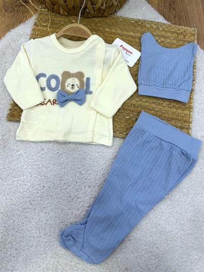Süzene Cool Bear Nakışlı Kendinden Eldivenli Yenidoğan Erkek Bebek 3lü Zıbın Takımı 0-3 Ay