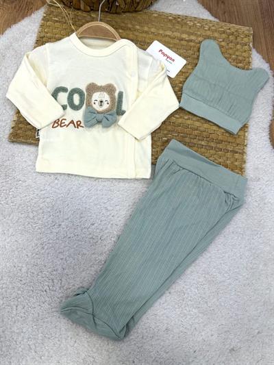 Süzene Cool Bear Nakışlı Kendinden Eldivenli Yenidoğan Erkek Bebek 3lü Zıbın Takımı 0-3 Ay