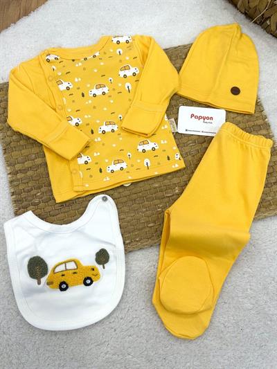 Araba Baskı Erkek Bebek 4lü Zıbın Set Hastane Çıkışı