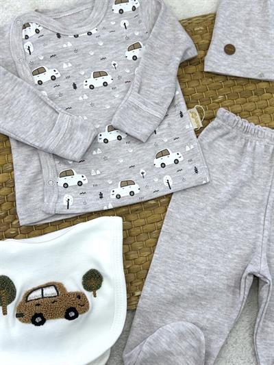 Araba Baskılı Yenidoğan Erkek Bebek 4lü Zıbın Set