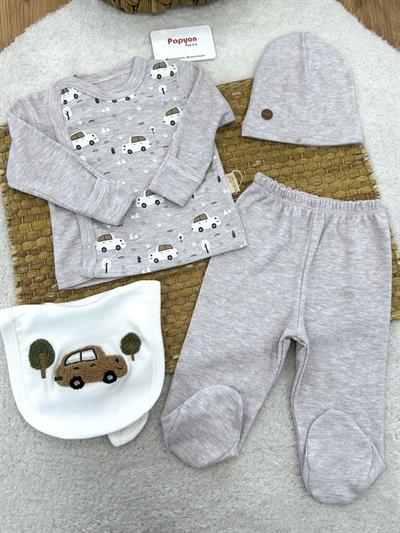 Araba Baskılı Yenidoğan Erkek Bebek 4lü Zıbın Set