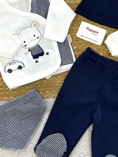 Araba Çeken Kedi Nakışlı Yenidoğan Erkek Bebek 5li Zıbın Set