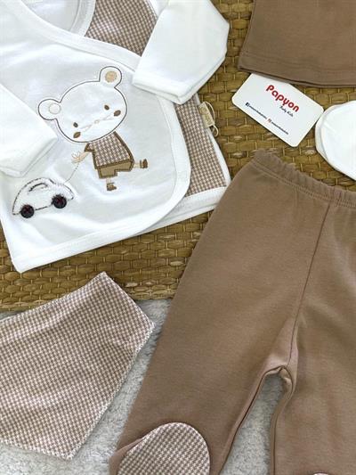 Araba Çeken Kedi Nakışlı Yenidoğan Erkek Bebek 5li Zıbın Set