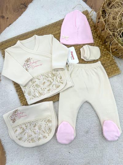 Çiçek Nakışlı Baskılı Dantelli Yenidoğan Kız Bebek 5li Zıbın Set