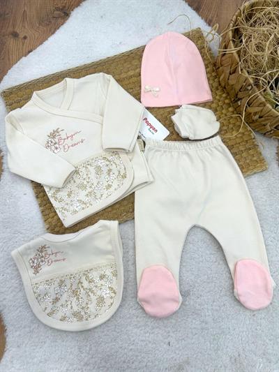 Çiçek Nakışlı Baskılı Dantelli Yenidoğan Kız Bebek 5li Zıbın Set