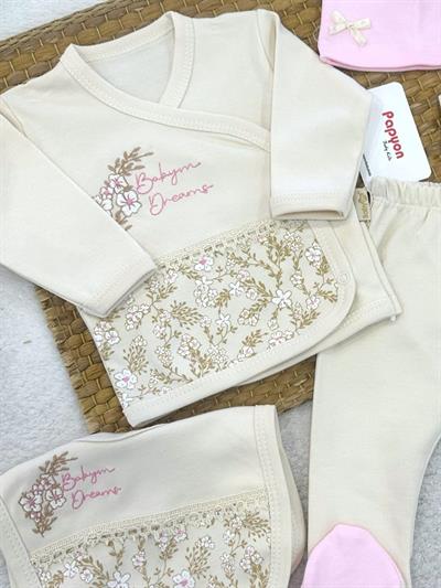 Çiçek Nakışlı Baskılı Dantelli Yenidoğan Kız Bebek 5li Zıbın Set