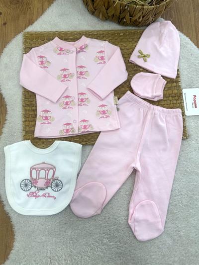 Fayton Desenli Yenidoğan Kız Bebek 5li Zıbın Set