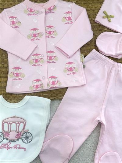 Fayton Desenli Yenidoğan Kız Bebek 5li Zıbın Set