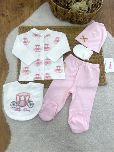 Fayton Desenli Yenidoğan Kız Bebek 5li Zıbın Set