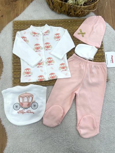 Fayton Desenli Yenidoğan Kız Bebek 5li Zıbın Set