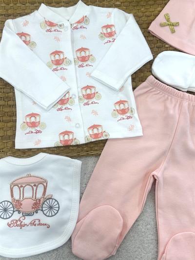Fayton Desenli Yenidoğan Kız Bebek 5li Zıbın Set