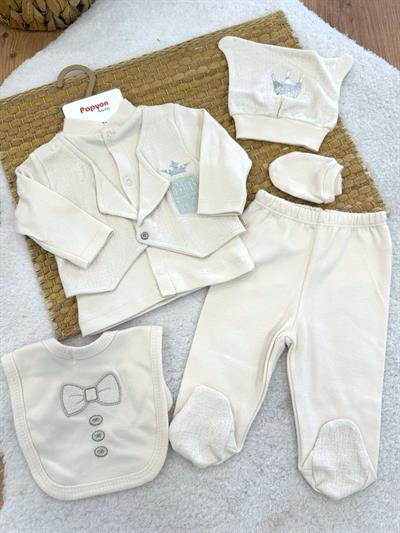 Kral Tacı Nakışlı Armalı Yenidoğan Erkek Bebek 5li Zıbın Set