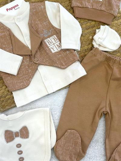 Kral Tacı Nakışlı Armalı Yenidoğan Erkek Bebek 5li Zıbın Set