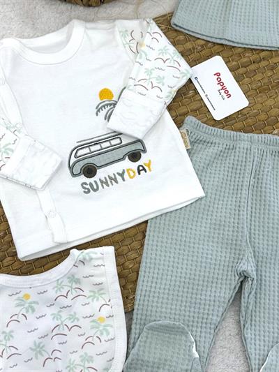 Sunny Day Nakışlı Yenidoğan Erkek Bebek 5li Zıbın Set