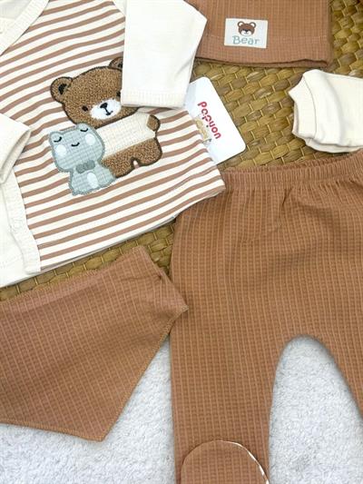 Süzene Ayıcık Kurbağa Nakışlı Yenidoğan Erkek Bebek 5li Zıbın Set