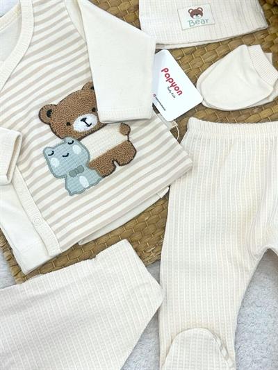 Süzene Ayıcık Kurbağa Nakışlı Yenidoğan Erkek Bebek 5li Zıbın Set