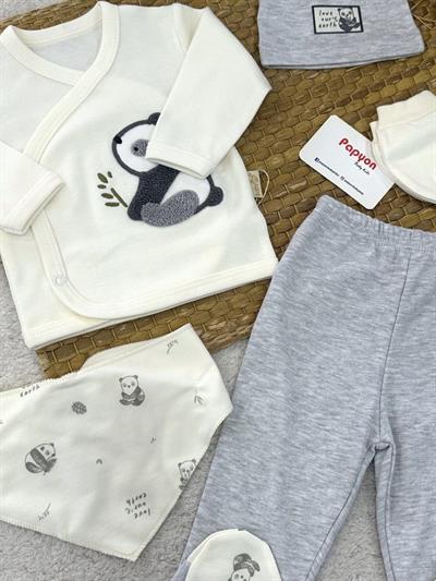 Süzene Panda Nakışlı Yenidoğan Erkek Bebek 5li Zıbın Set