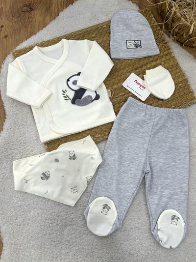 Süzene Panda Nakışlı Yenidoğan Erkek Bebek 5li Zıbın Set